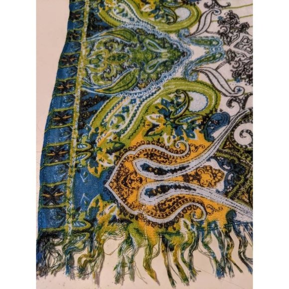 Vtg 70s Blue Green Yellow Boho Scarf with Fringe | Hippie Abstract Paisley Wrap - Picture 3 of 4